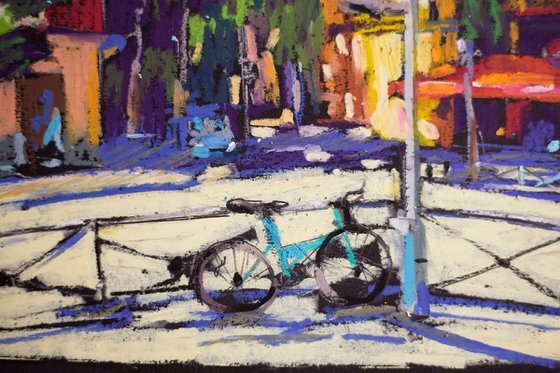 Madrid Street. Sunny day. Bright oil pastel painting. original small city interior decor sunlight etude romantic