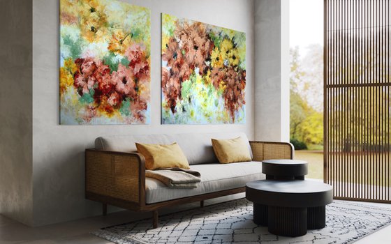 "Enchanted Blooms III" Diptych from "Colours of Summer" collection, XXL abstract flower painting