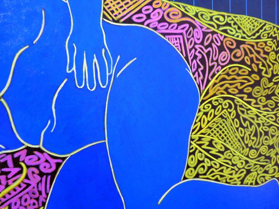 BLUE NUDE ASLEEP ON PATTERNED THROW