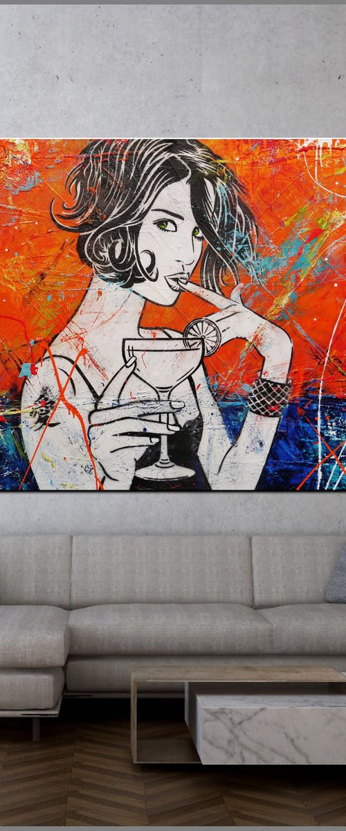 Lime Eyes 200cm x 120cm Cocktail Girl Textured Urban Pop Art by Franko