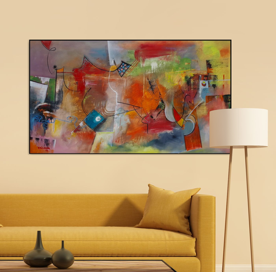 The Heat Of The Day, Large abstract painting, Original art, Oil on canvas, horizontal painting 82x145 cm, red tones