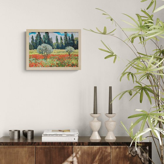 Olive Trees and Poppy Bloom. Landscape