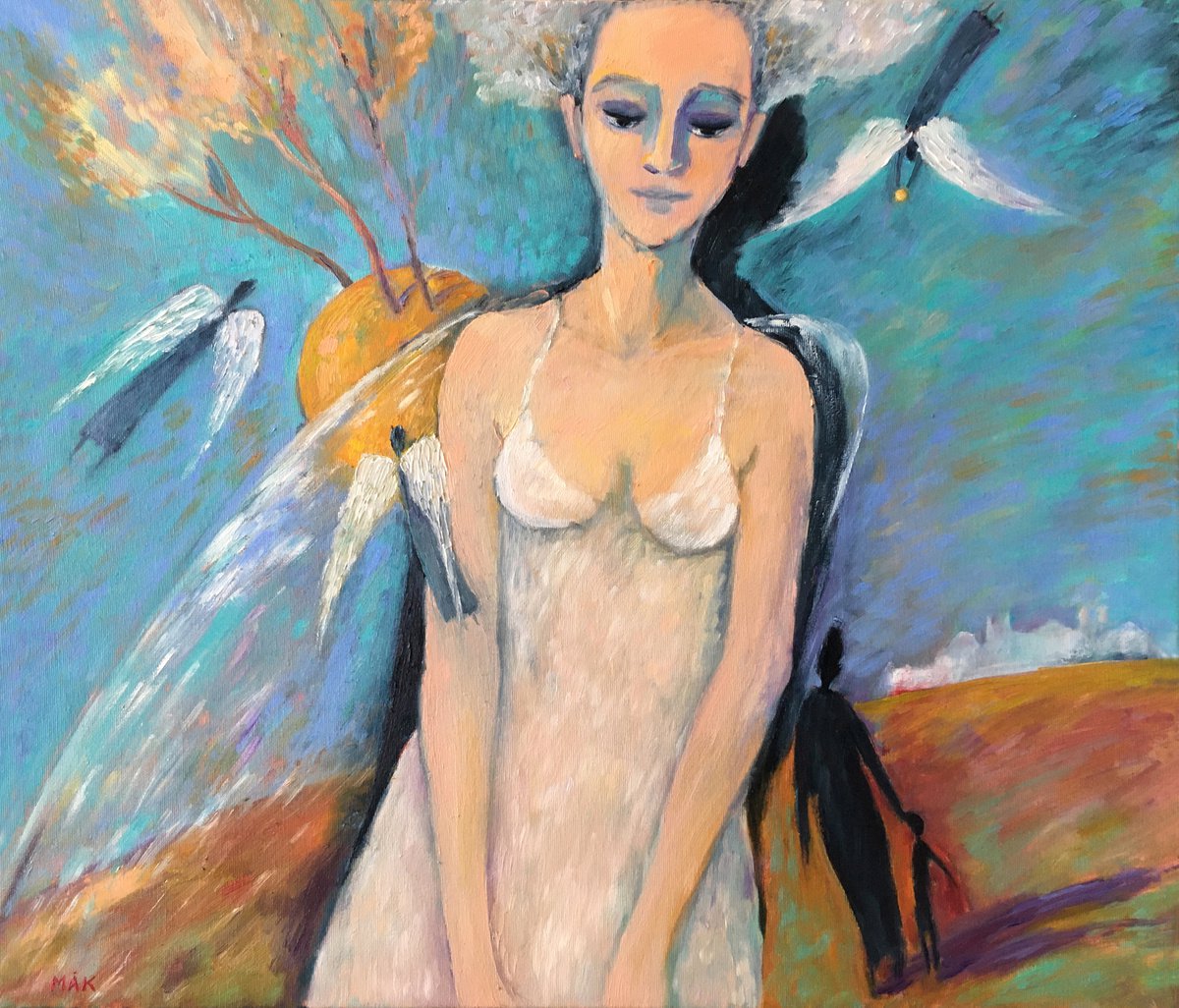 PSYCHE AT WORK - fantasy painting with angel girl with wings in the cerulean blue sky by Irene Makarova