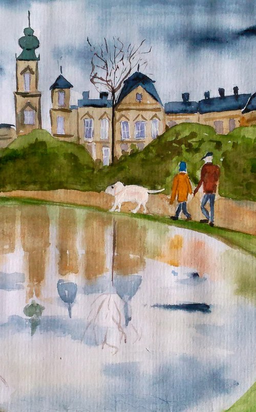 palace park couple dog original impressionistic watercolor painting " Walk in the old park " by Halyna Kirichenko