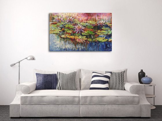 Water lilies pond oil original large impasto painting