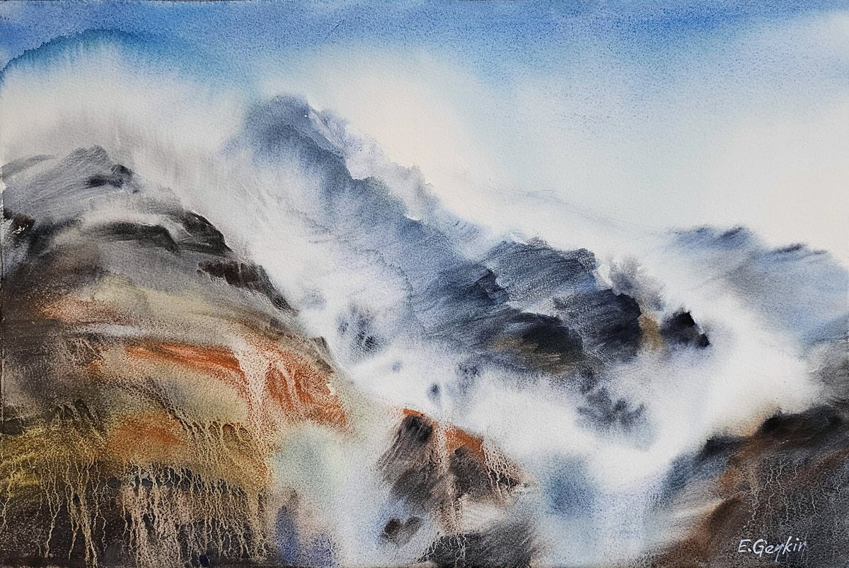 Impressionistic Landscape Watercolour By Elena Genkin, 22 X 15, Whispers Of The Summit, Original Artwork