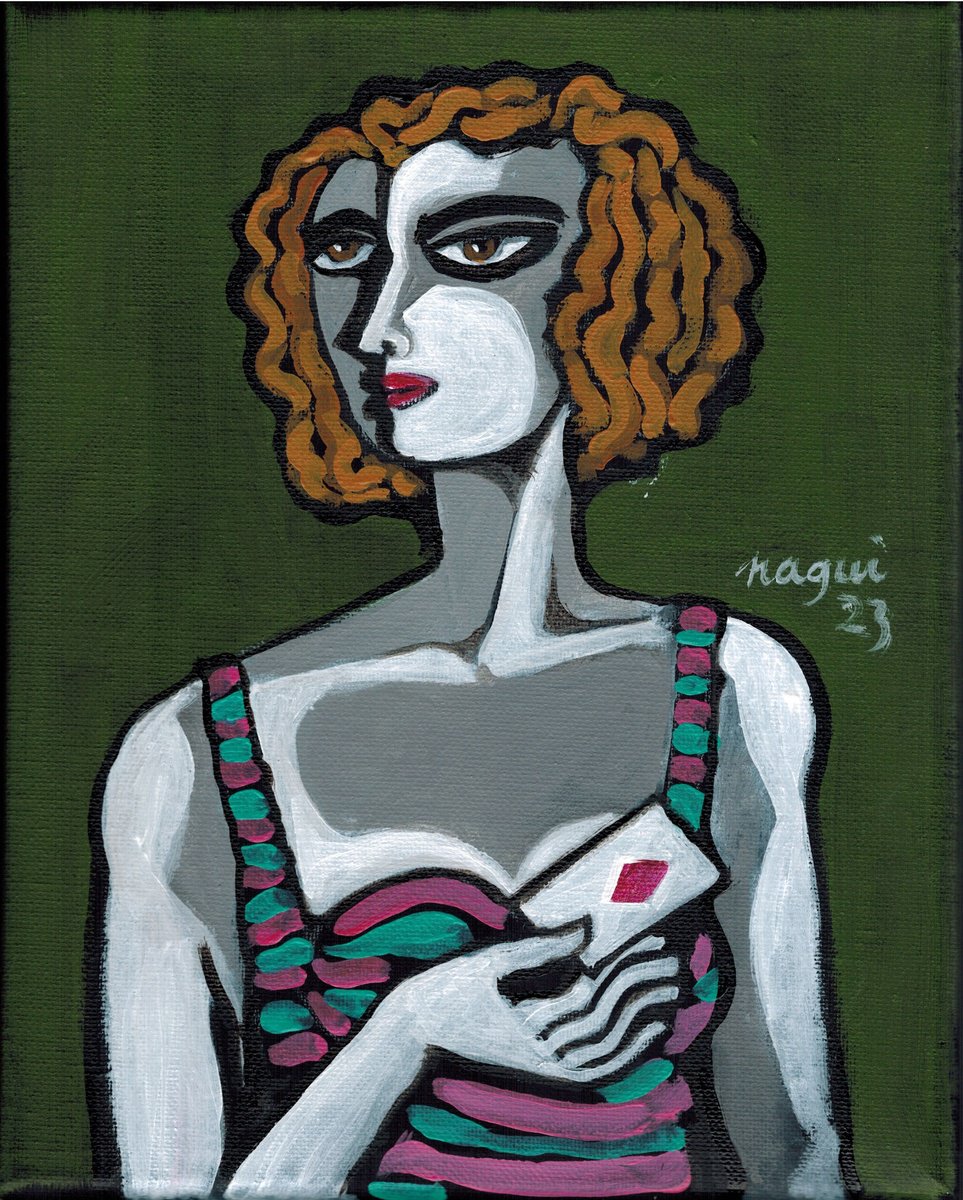 Expressive Portrait Acrylic Painting By Nagui, 8 X 10", Ace Of Diamonds, Original Artwork