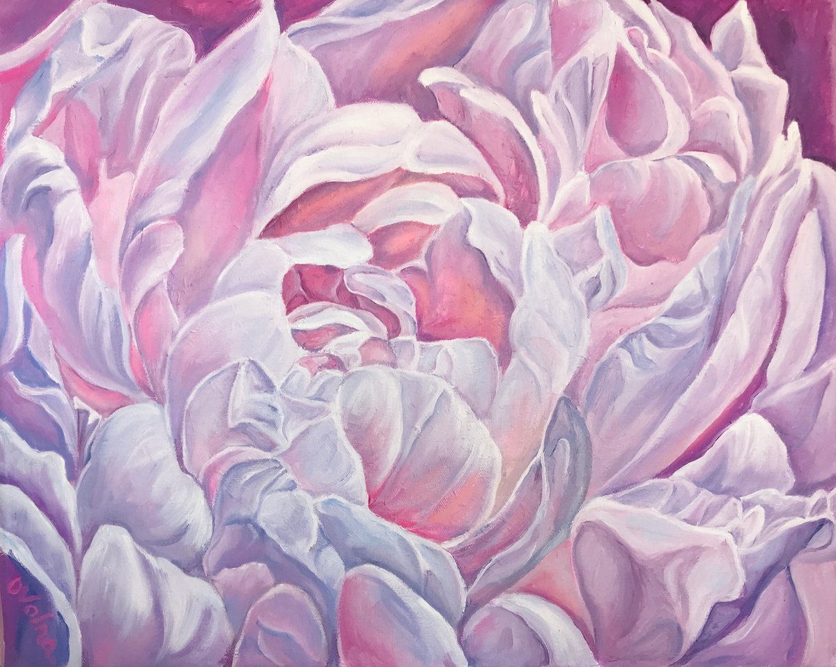 Impressionistic Botanical Oil Painting By Olga Volna, 20 X 16", Pink Petals, Original Artwork