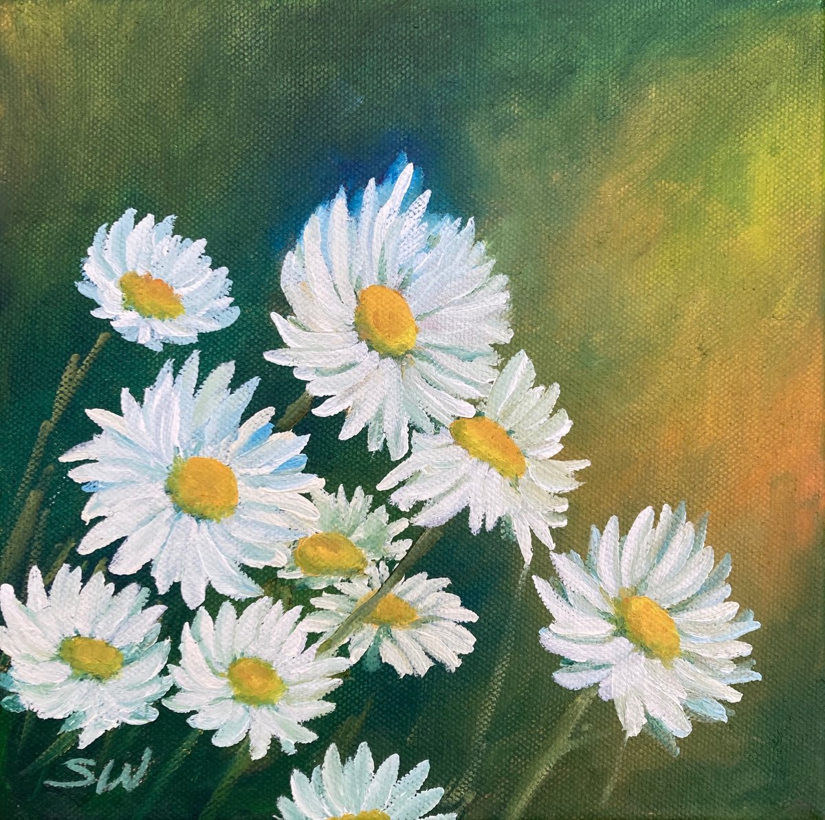 Impressionistic Botanical Oil Painting By Silvie Wright, 8 X 8", Daisy Dance, Original Artwork
