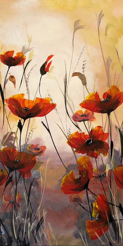 Red poppies on a large canvas by Marja Brown