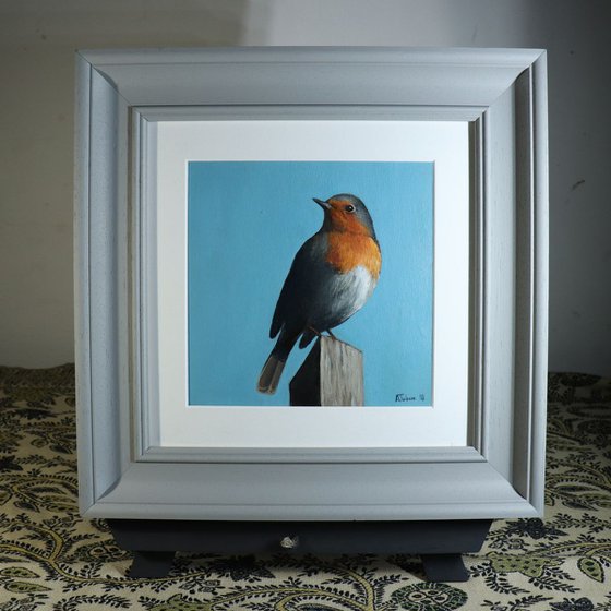 Robin on a Stump, Bird Artwork, Animal Art Framed