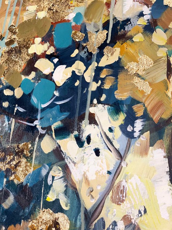 Duality - 48" x 36" Abstract Tree Art, Set of Two Paintings, Multi Panel Abstract, ORIGINAL Painting, Gold Leaf Painting, Black and Gold, Large Art