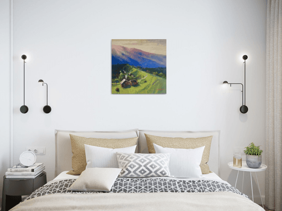 Ukrainian art Sunrise in Mountains Carpathian. Soft pastel 19.6x19.6 inch (50x50 cm)