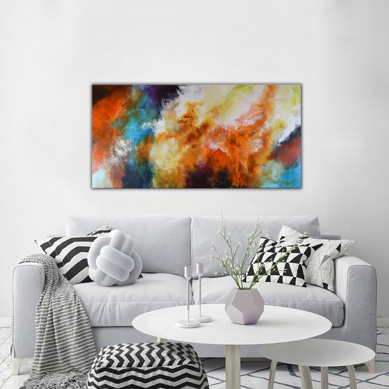 Abstract Original painting, red, blue and orange - Restless Earth