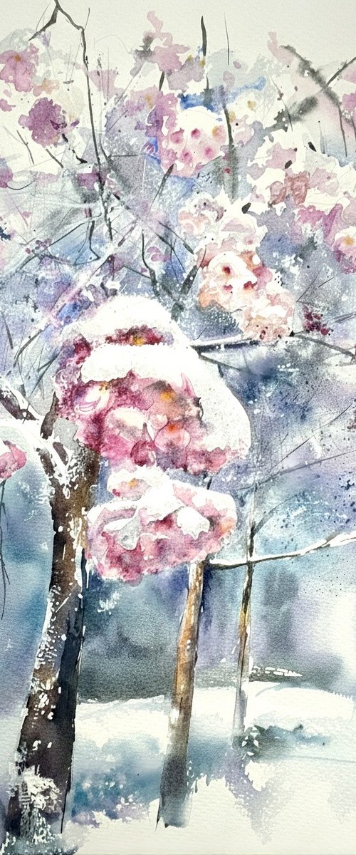 Cherry Blossoms in Winter Snowfall by SoNata Art