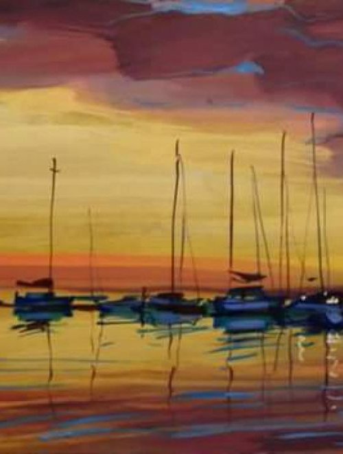 yacht at sunset. Original painting 67x37 cm by Sergey  Kachin