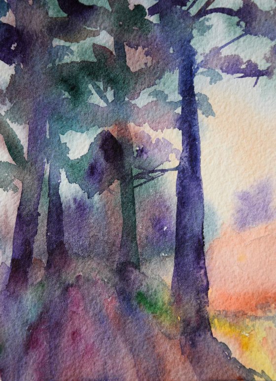 Sunset in the forest Small watercolor painting