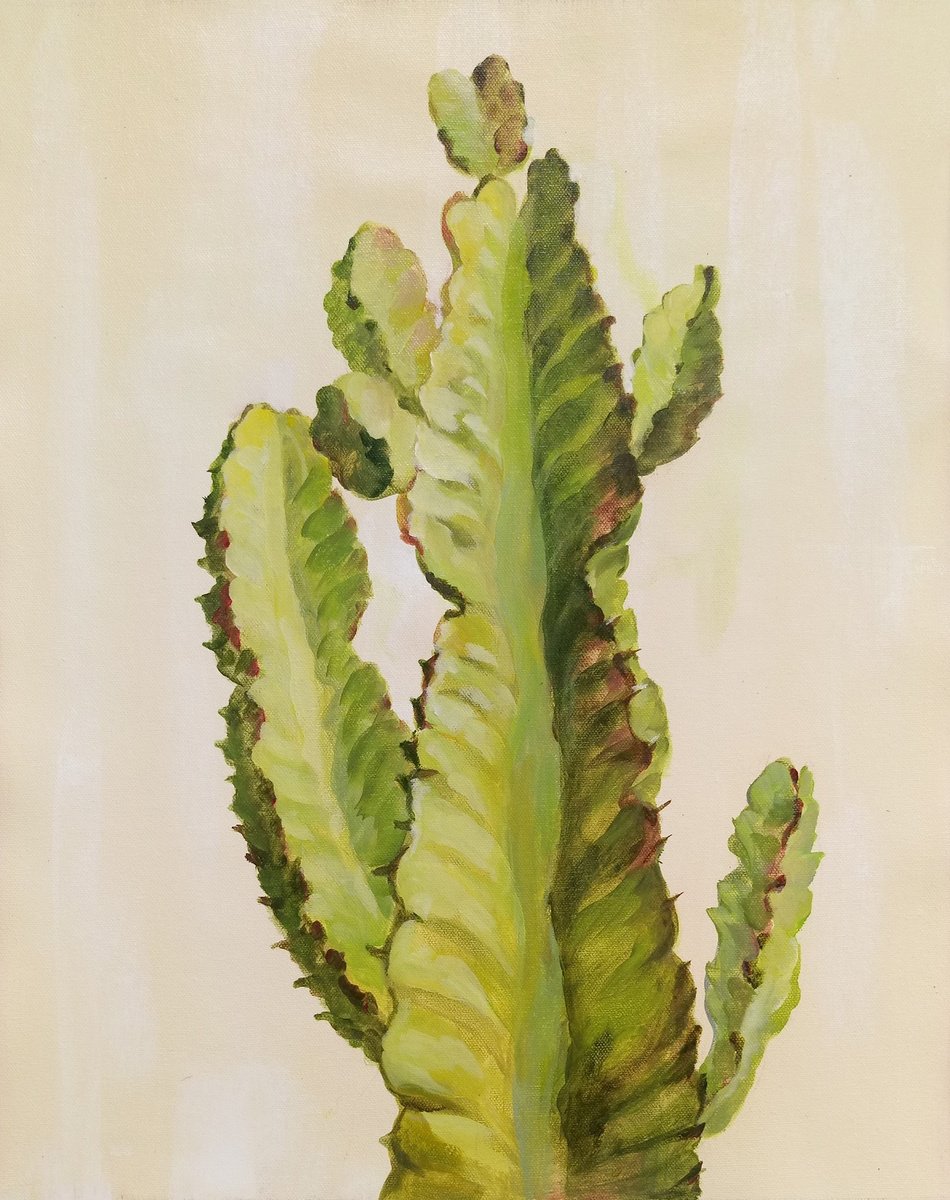 Impressionistic Botanical Acrylic Painting By Silvia Vassileva, 16 X 20", Front Yard Cactus I, Original Artwork
