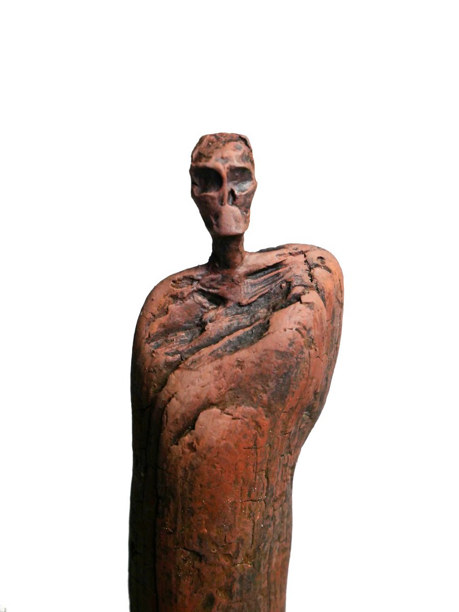 Expressive Portrait Wood Sculpture By Lionel Le Jeune, 3 X 8", Figure-Totem, Original Artwork