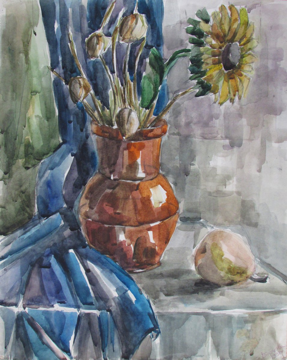 Impressionistic Botanical Watercolour By Kateryna Bortsova, 16 X 20", Still Life With Sunflower, Original Artwork