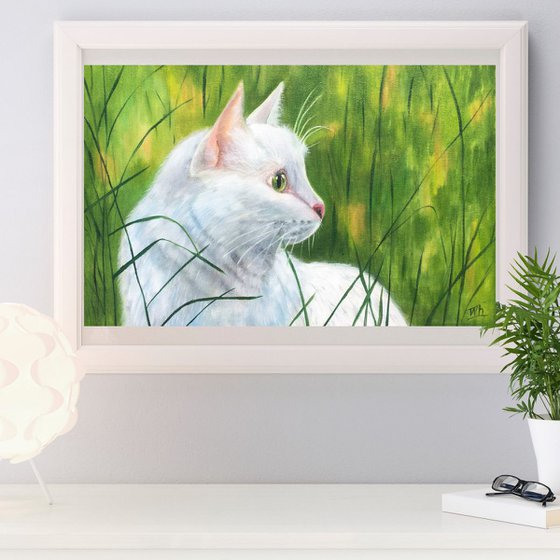 white Cat for a walk. Realistic Portrait a lovely Cat