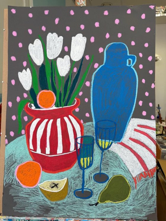Tulips, Fruit and a Blue Visitor