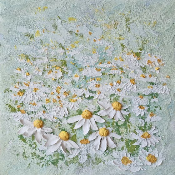Chamomile happiness 2. Light relief landscape with white flowers. Summer blooming