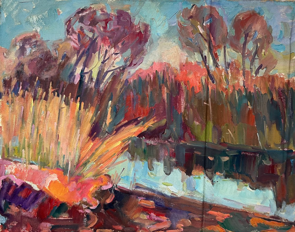Impressionistic Landscape Oil Painting By Peter Tovpev, 22 X 28", Autumn Reflection, Original Artwork