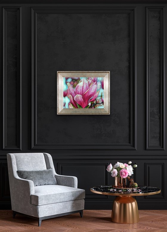 Original Pink Magnolia Flower Drawing | Luminous Magnolia Grandiflora | Romantic Floral Home Decor | Soft Pastels Art
