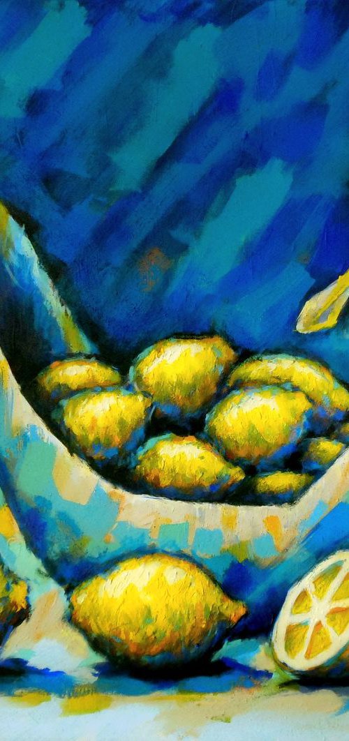 Lemons on Blue Background by Evgen Semenyuk