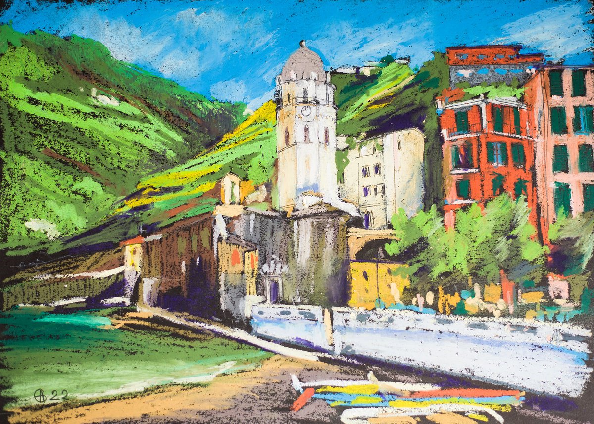 Impressionistic Cityscapes Pastel Drawing By Sasha Romm, 14 X 10", Vernazza, Cinqueterre View, Original Artwork