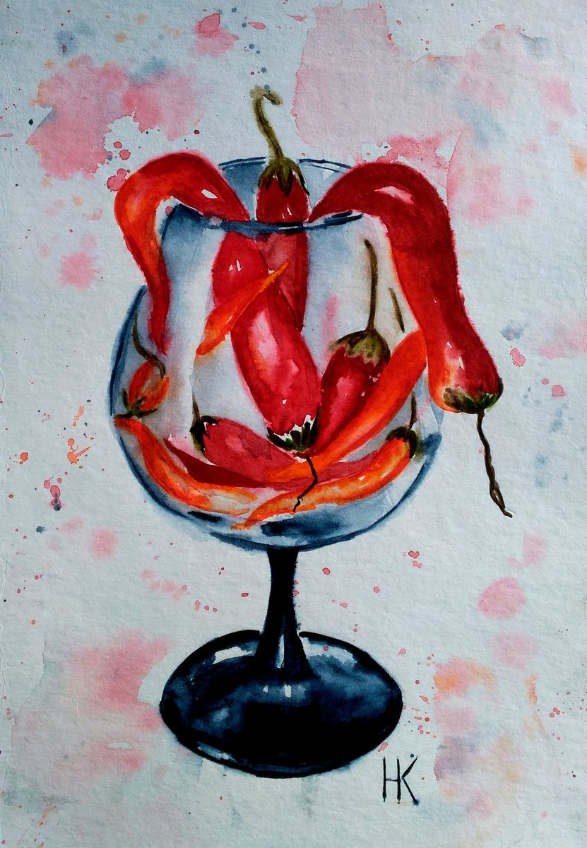 Chili Peppers Painting Food Original Art Vegetable Watercolor Red Hot Chili Pepper Artwork... by Halyna Kirichenko