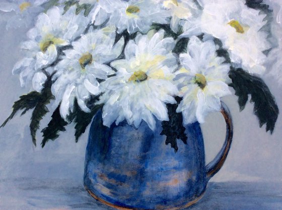 White Chrysanthemums in a Blue Jug