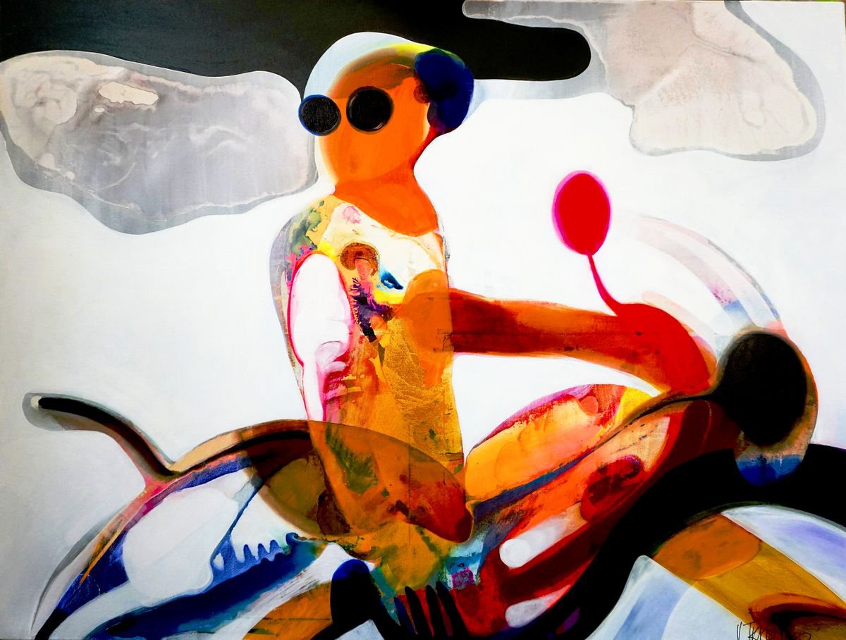 Expressive Portrait Acrylic Painting By Victor Tkachenko, 48 X 36", Trip, Original Artwork