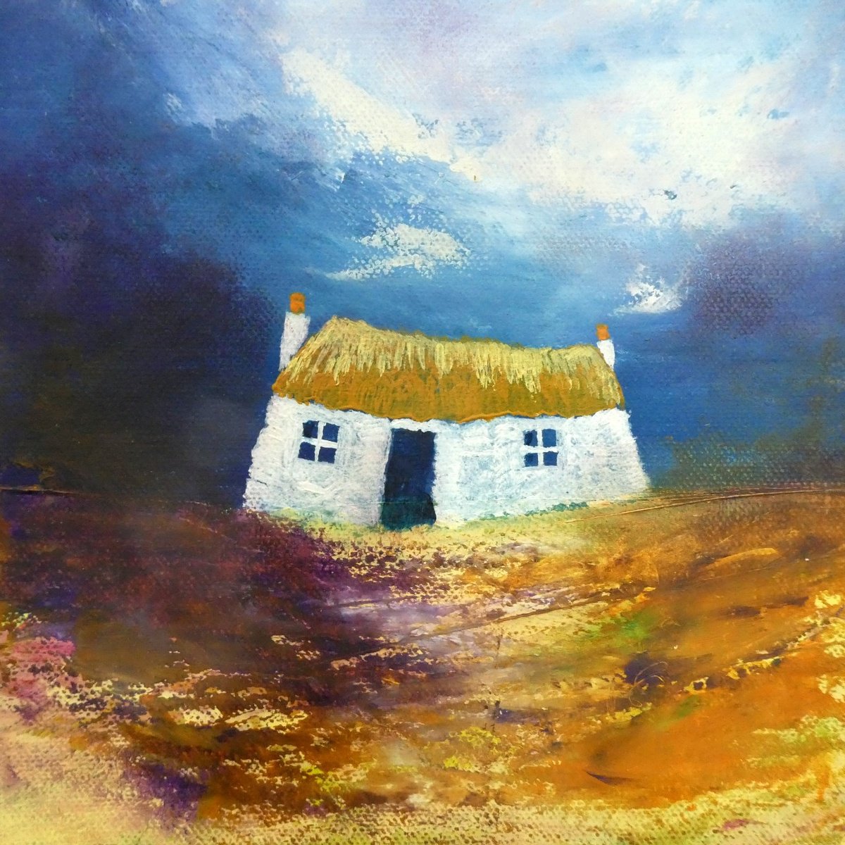 Naive Cityscapes Acrylic Painting By Oconnart, 10 X 10", Moorland Bothan, Scotland, Original Artwork