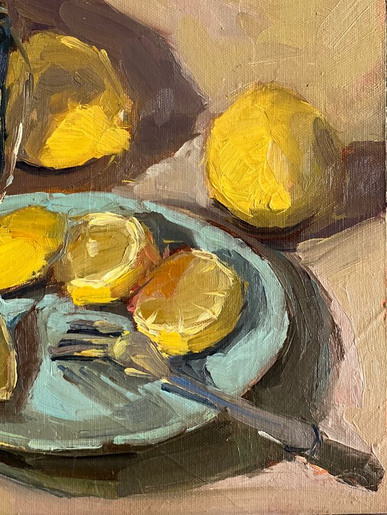 Still life Oil Painting - Lemon slices and tea