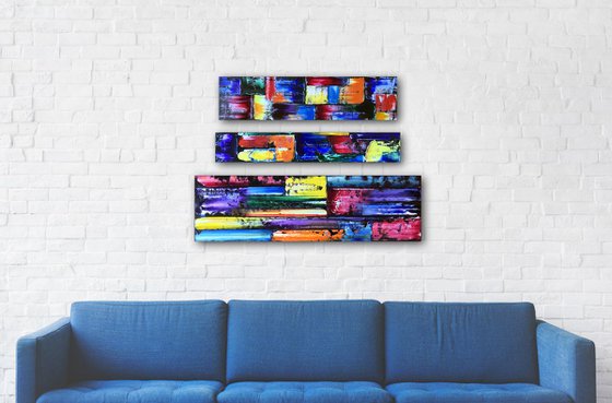 "Stacking" - FREE WORLDWIDE SHIPPING + Save As A Series - Original PMS Abstract Triptych Oil Paintings On Wood - 41" x 25"