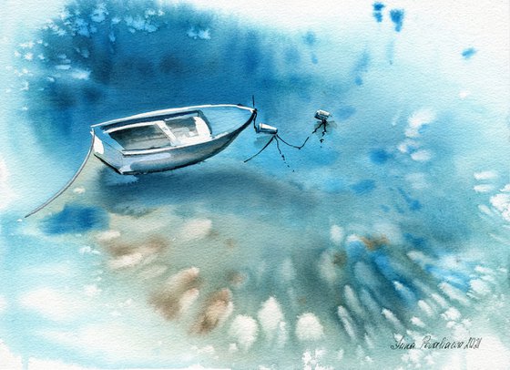 Boat in shallow water original painting  watercolor artwork with a boat in turquoise water medium  size, decor for living room gift idea