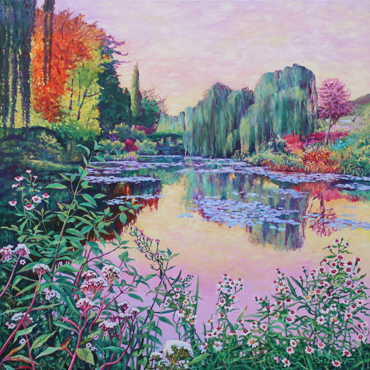 Impressionistic Landscape Oil Painting By Zoe Elizabeth Norman, 36 X 36", Morning On Monet