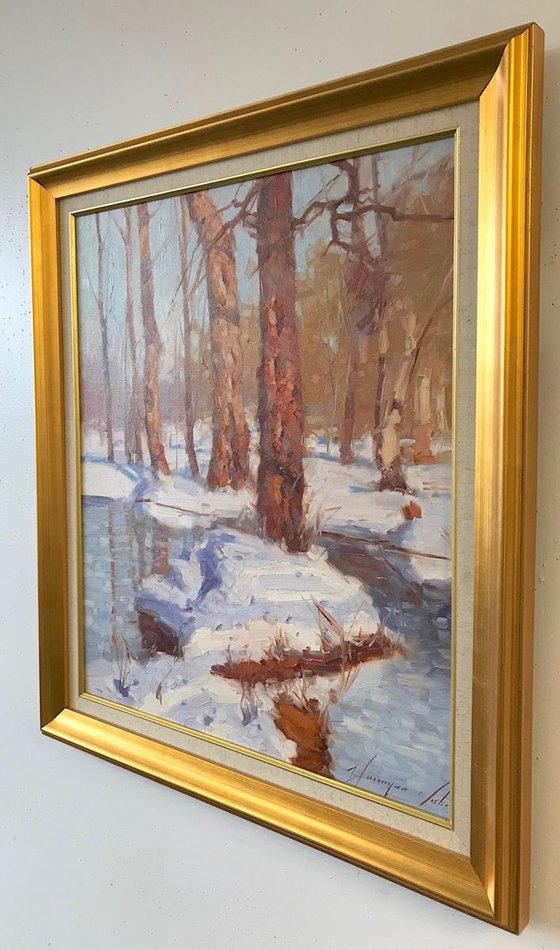 Sunny Winter, Landscape oil painting, One of a kind, Handmade artwork, Framed