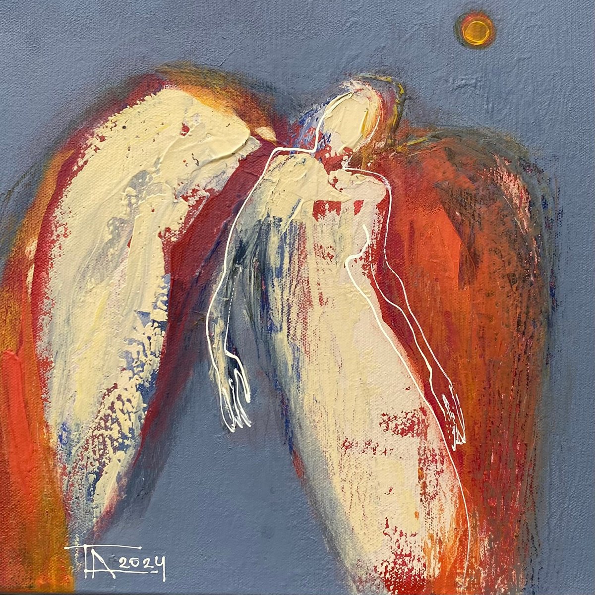 Expressive Portrait Acrylic Painting By Tatjana Auschew, 12 X 12", Angel., Original Artwork