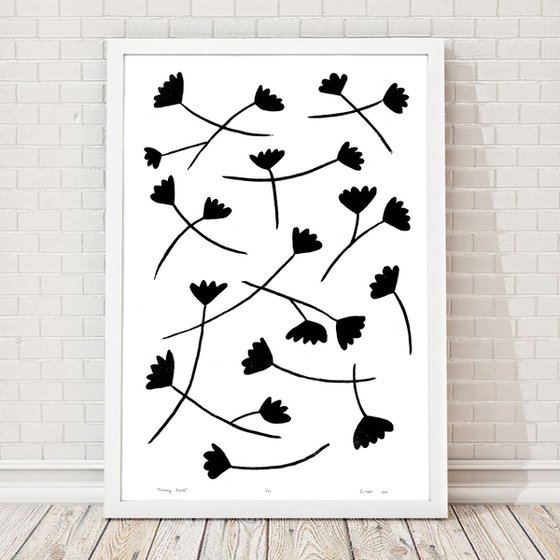 Floating Petals in Black on White - Framed - FREE UK Delivery