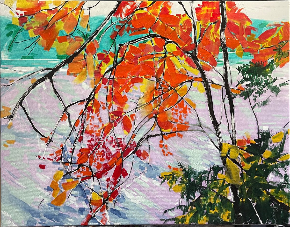 Impressionistic Abstract Oil Painting By Tina Ding, 35 X 27", Red Brunch, Original Artwork