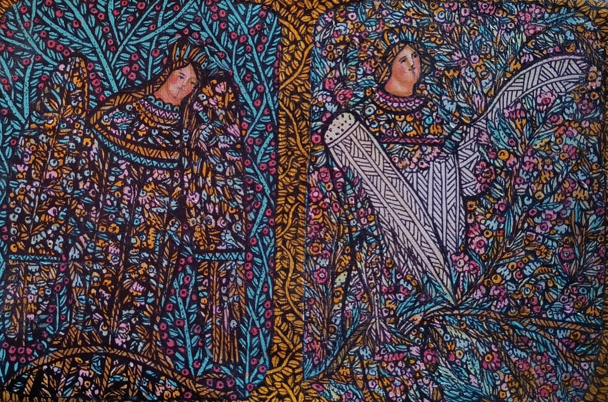 Naive Animal Acrylic Painting By Tetiana Osadchuk, 12 X 8", Sirin And Alkonost, Original Artwork