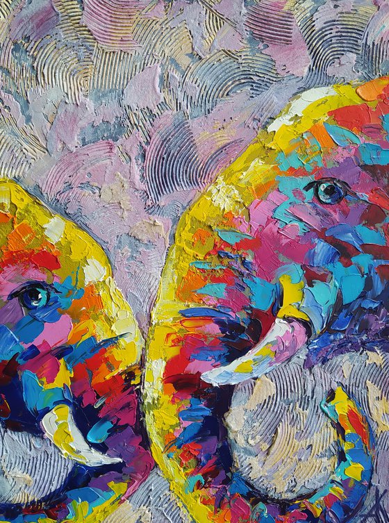 Elephants - mother, happy, childhood, elephant, mother's love, Africa, love, animals, gift for mother, oil painting, Impressionism, palette knife, gift.