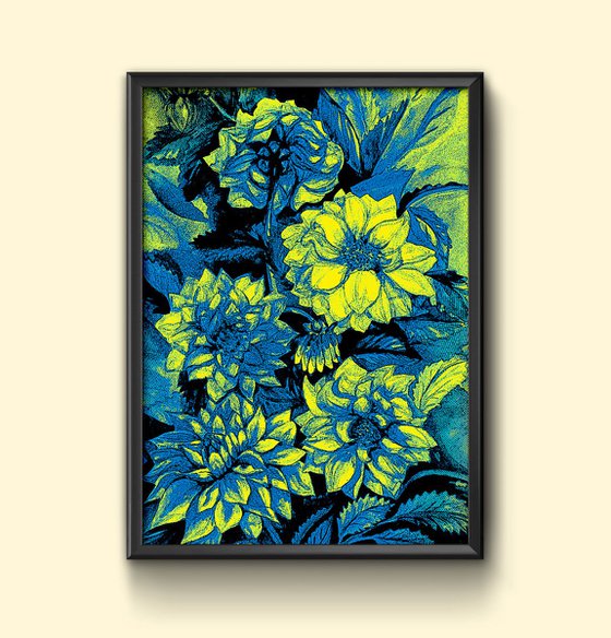 Chrysanthemums in blue and yellow