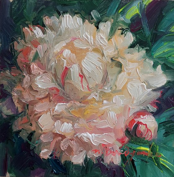 Peony oil painting original, Small art framed white flower, Unique peony wall art