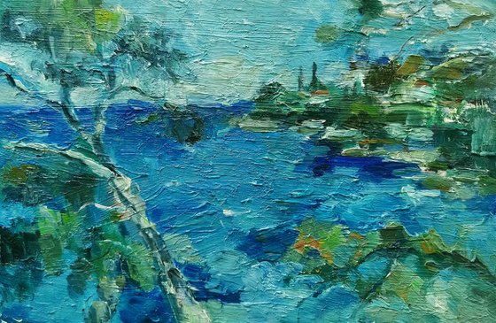 Beautiful blue sea. Oil paint sketch on cardboard.