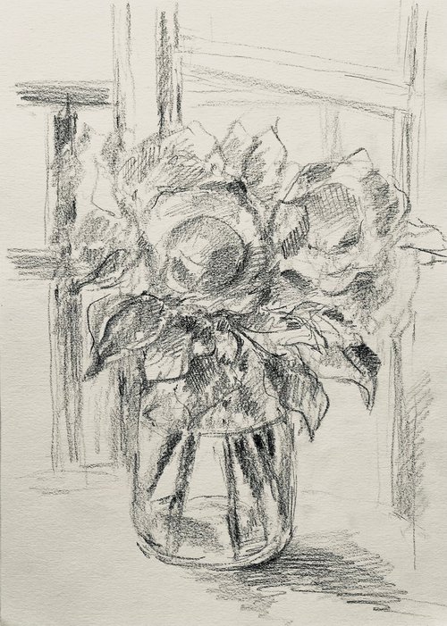 Roses by the window 2020. Original charcoal drawing by Yury Klyan