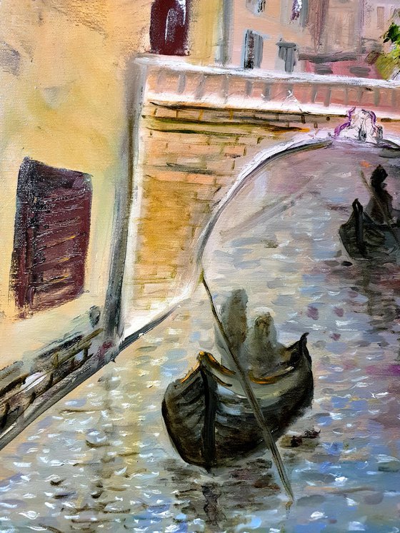 Gondola Ride Along River Bank in Venice, Italy